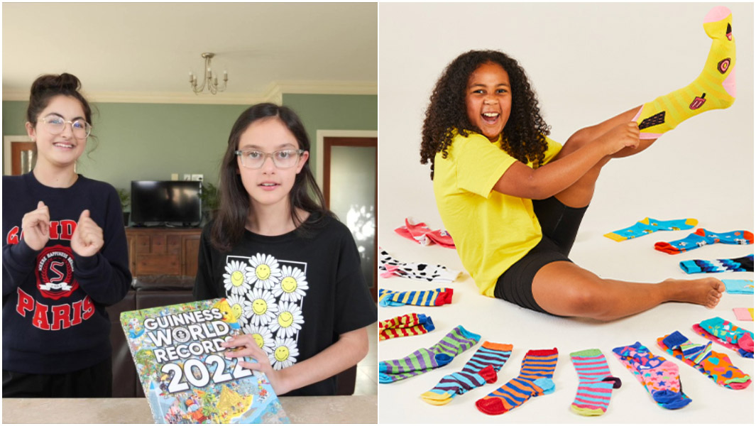 New Elena and clara showing GWR book and most socks in thirty seconds record