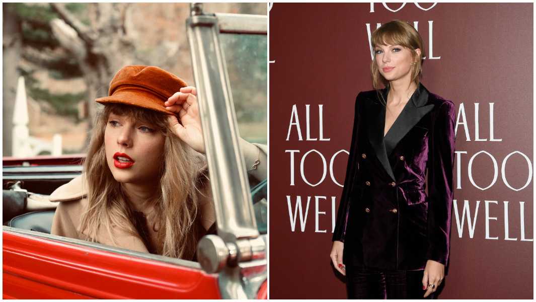 Red cover album and Swift at All Too Well Premiere
