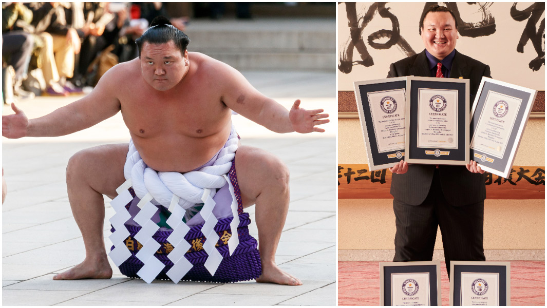split image Hakuho Sho during match and with certificates