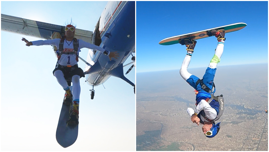 split image of KEBE skysurfing and performing helicopter spins