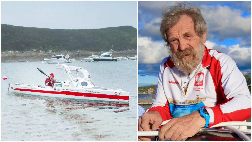 Trans oceanic solo kayaker Aleksander Doba split image