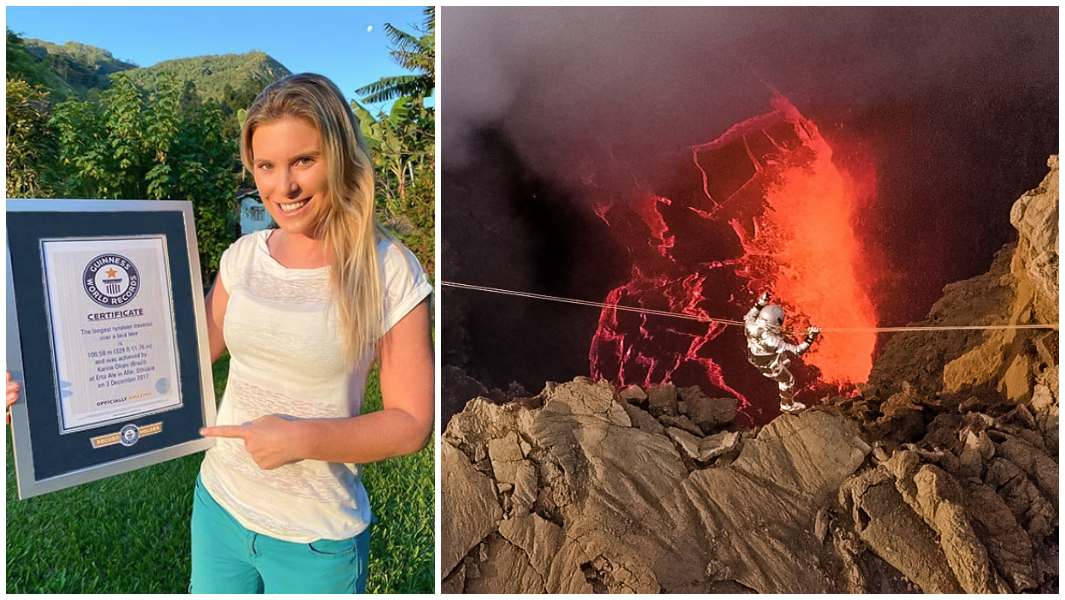 Karina Oliani longest tyrolean over a lava lake hanging header