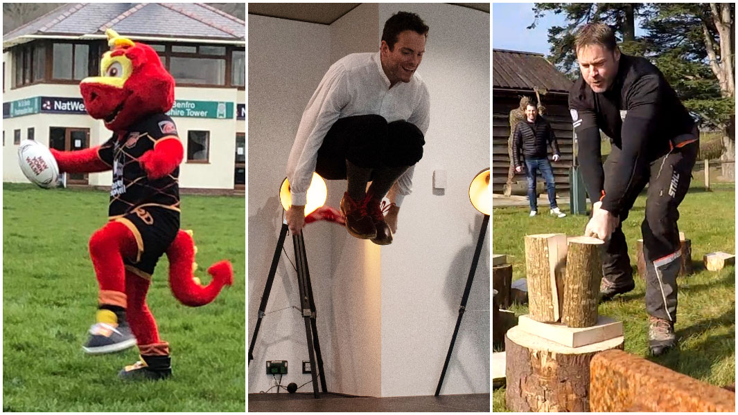 split image of mascot attempt handkerchief jump and log chop