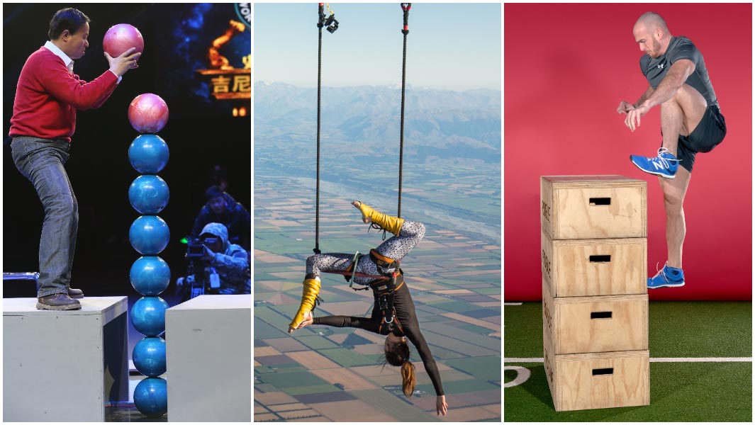 split image tallest stack of bowling balls highest jump highest trapeze act