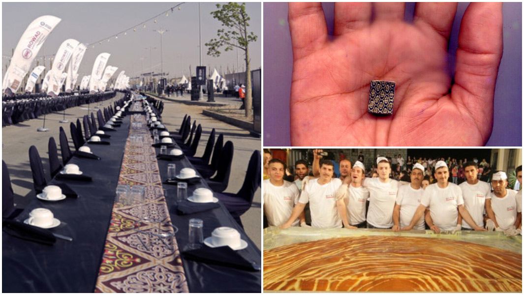 Ramadan split image of longest table smallest koran and largest qatayef