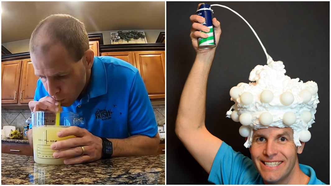 split image of david rush drinking lemon juice and putting shaving cream on head