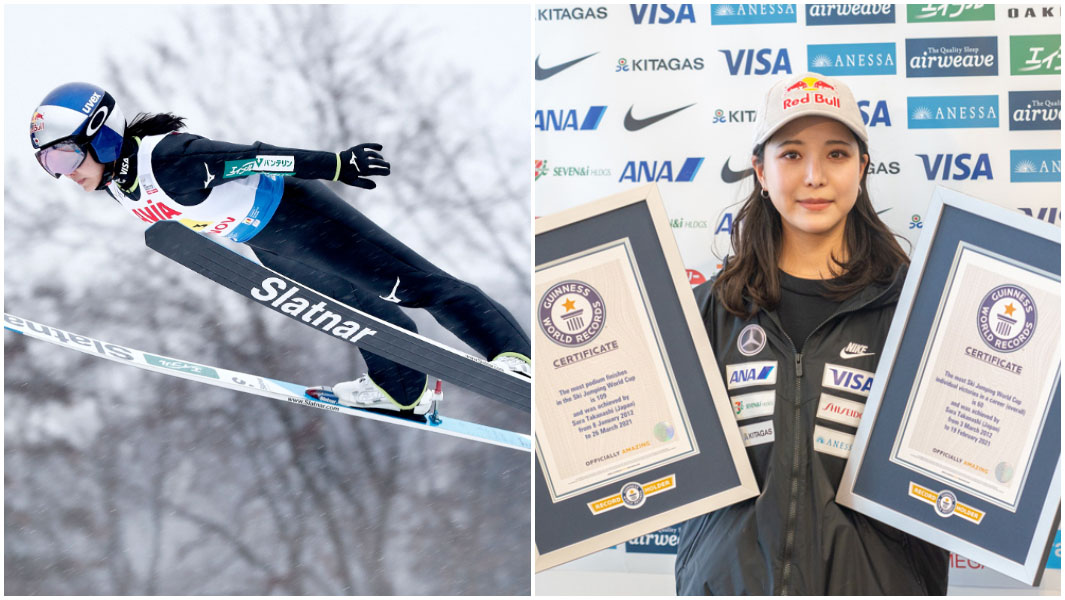 split image of sara takanashi ski jumping and with two GWR certificates