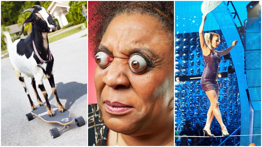 split image of skateboarding goat eyeball pop and tightrope heels walk