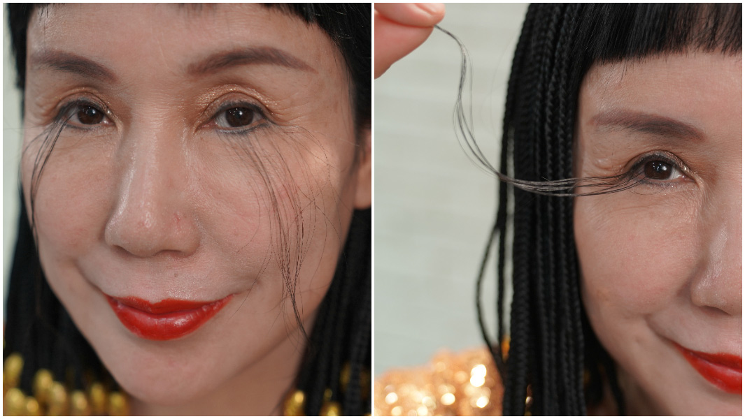split image of You Jianxia the record holder for the longest eyelash holding eyelash