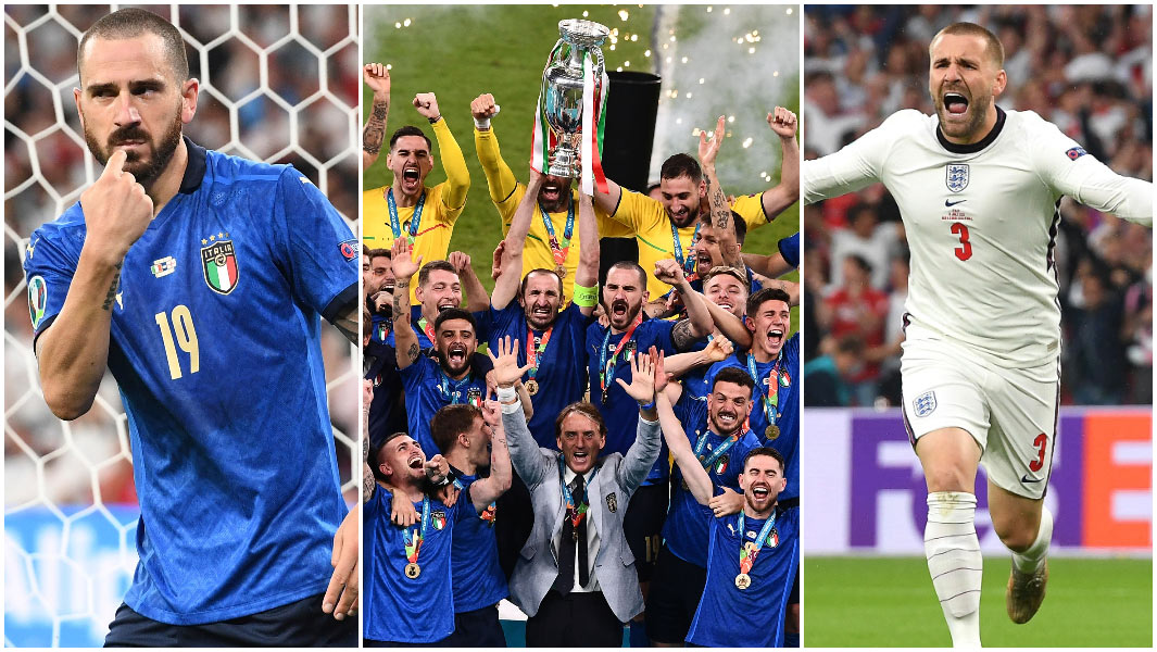 EUROs-2020-final-split-image of Leonardo Bonucci Luke Shaw and Italy holding trophy