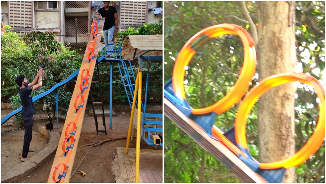 split image of most hot wheels track loop the loops full track and car looping