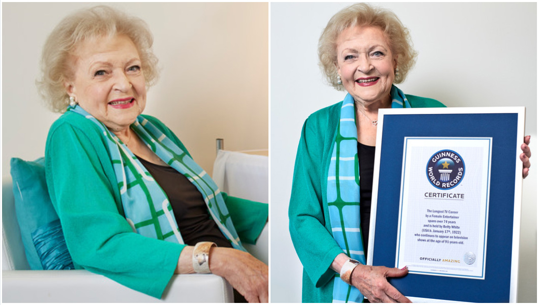 split image of betty white sitting and with certificate