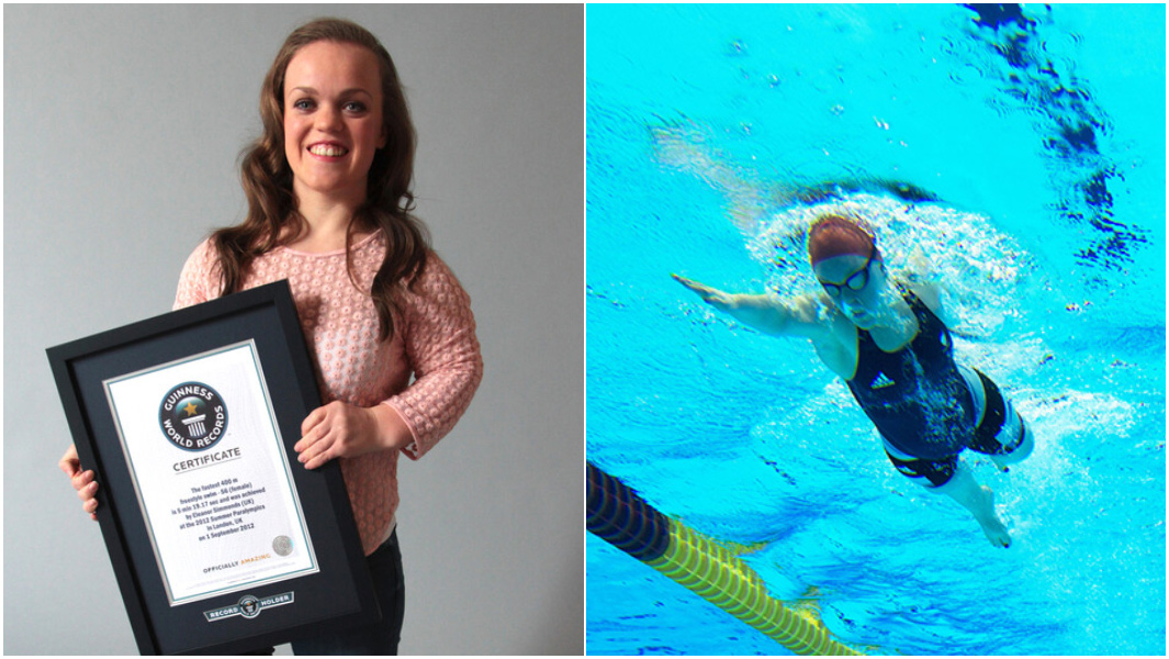 Ellie swimming and holding certificate with grey background