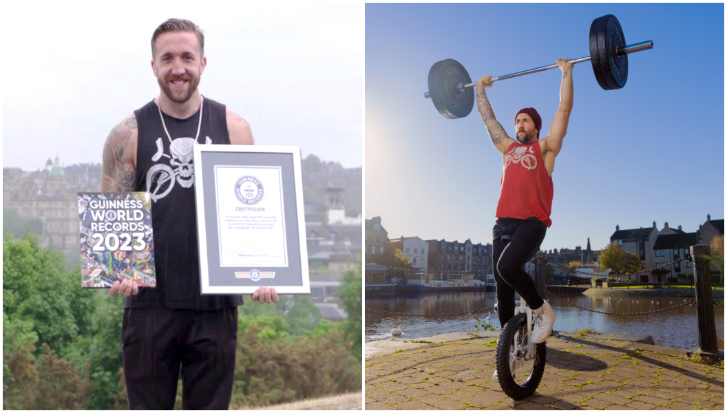 Jason with cert and book and Jason unicycling