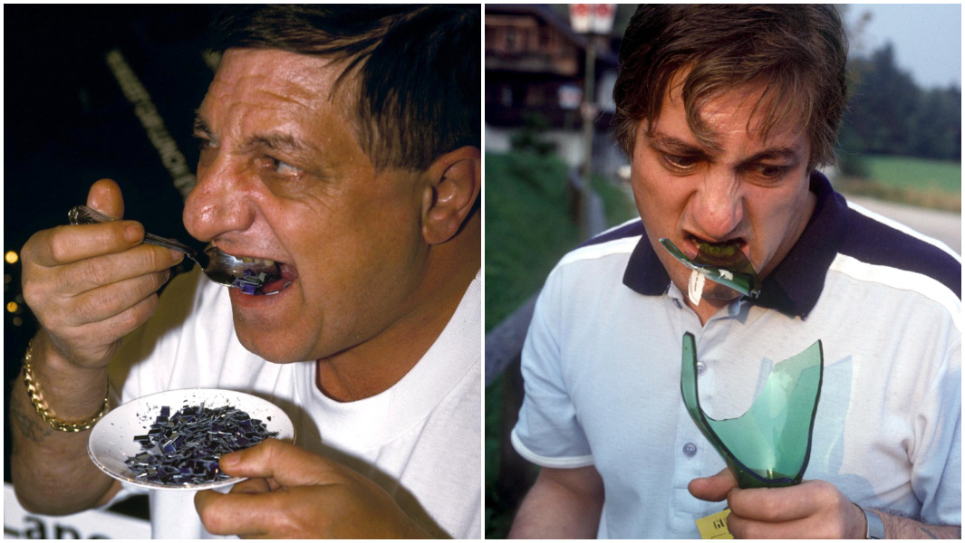 Split image of Michel Lotito aka Monsieur Mangetout eating nails and eating a glass bottle