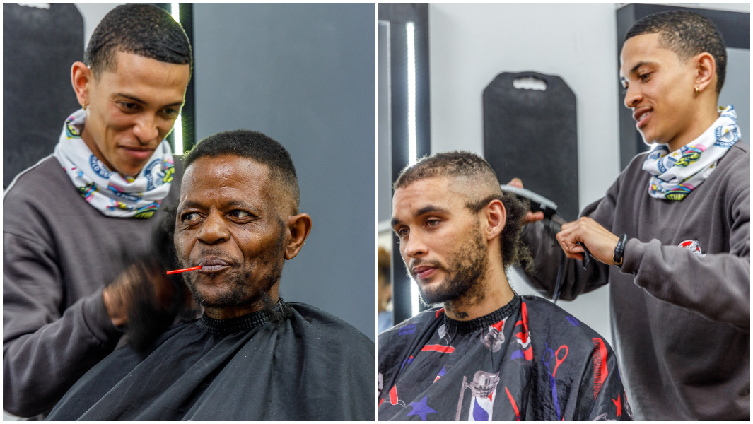 split image of Enrico Springfield cutting hair of two different models