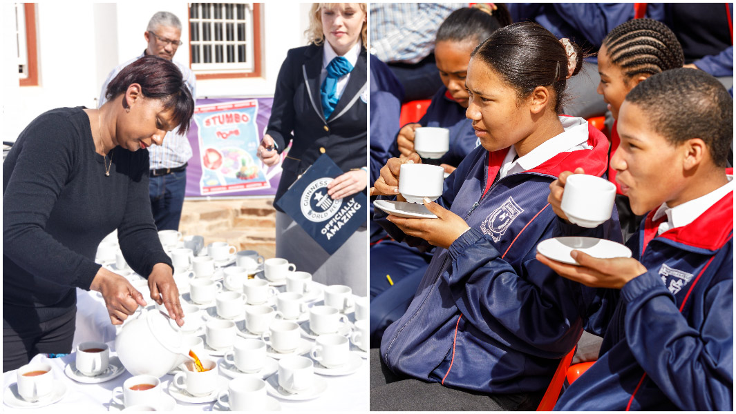 Split image of Ingar Valentyn pouring tea and Wupperthal students drinking tea