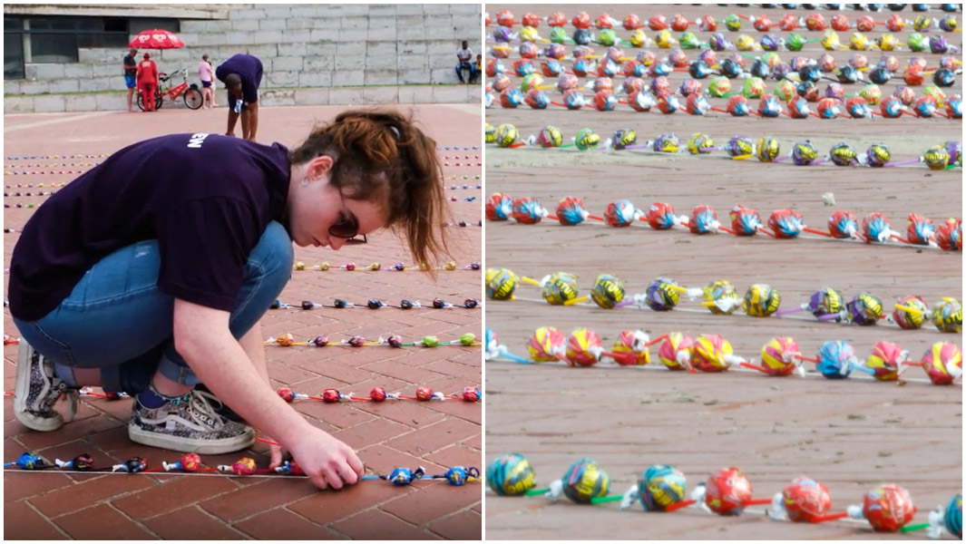 Split image of NSRI member laying lollipop and zoomed image of lines of lollipops