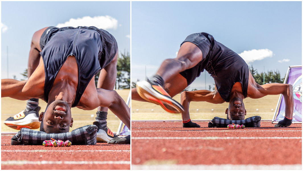 split image of Zama performing full body revolution in backbend position on track