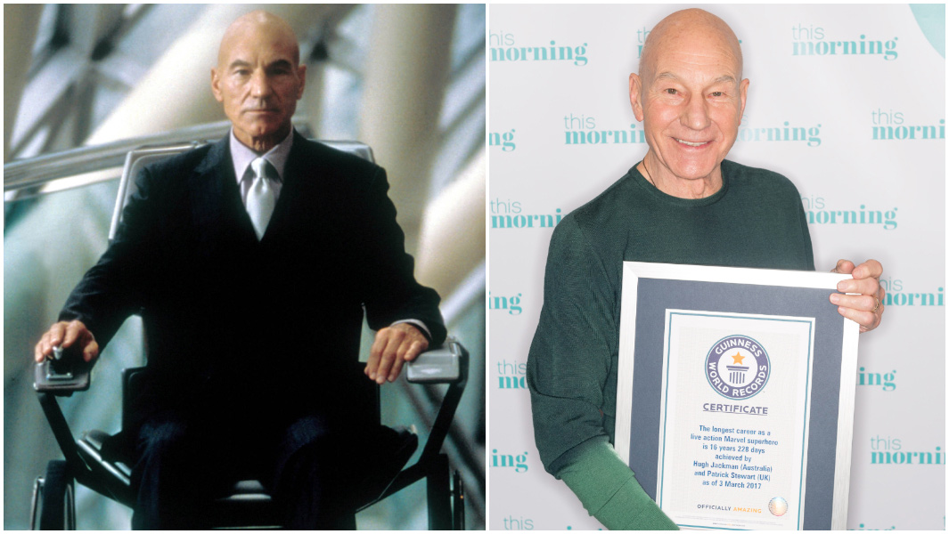 split image of Patrick Stewart playing Professor X and of Stewart holding a Guinness World Records Certificate