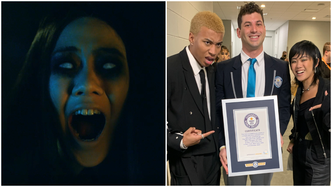 Split image of a girl screaming and of Guinness World Records official adjudicator presenting The Midnight Club cast with a certificate
