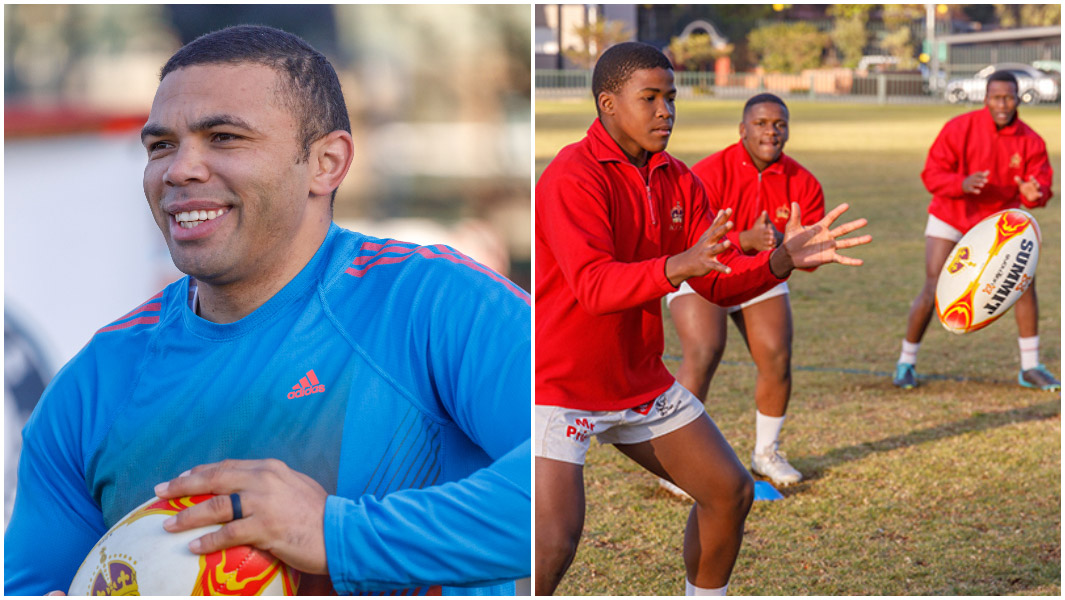 Split image of Bryan Habana and of a KES student catching a rugby ball
