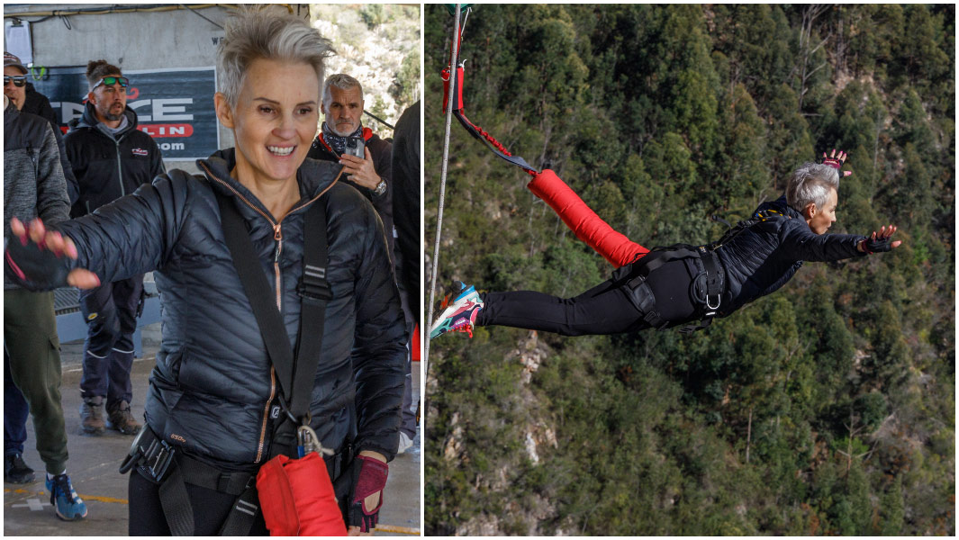 Split image of Linda Potgieter before a bungee jump and during a bungee jump