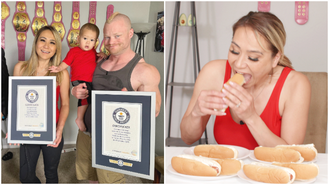 split-image-of-speed-eating-couple-miki-sudo-and-nicholas-wehry-holding-their-gwr-certificates-and-son-max-and-miki-sudo-speed-eating-hot-dogs.jpg