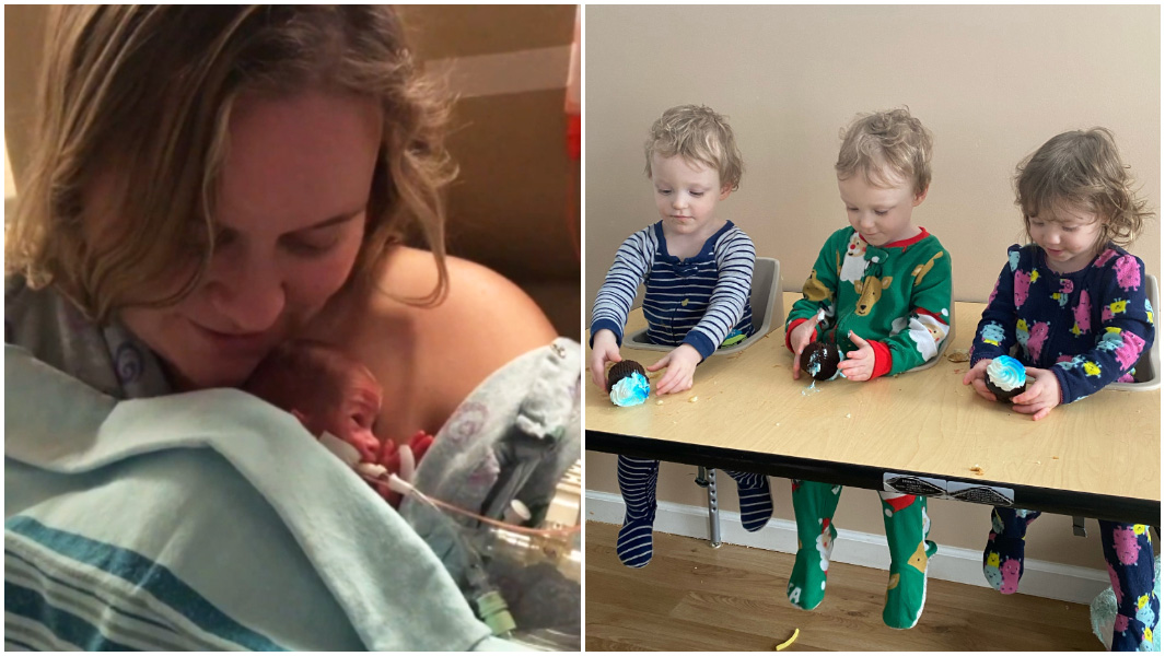 interval between birth of triplets in hospital and two years old
