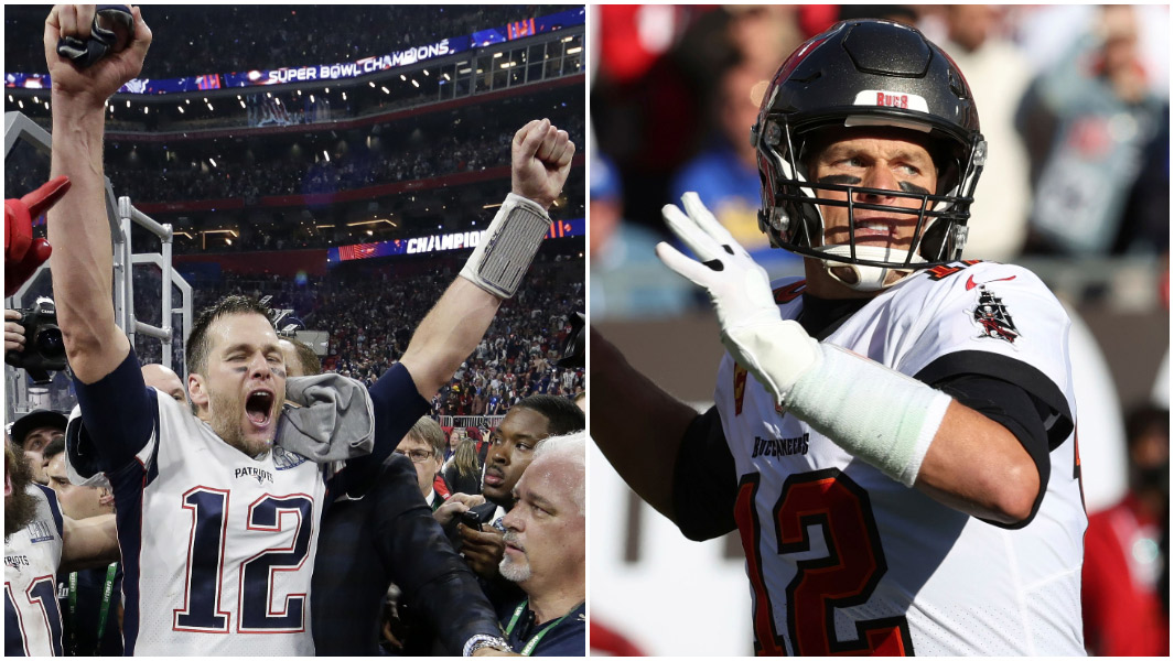 split image of tom brady when playing for patriots and tampa