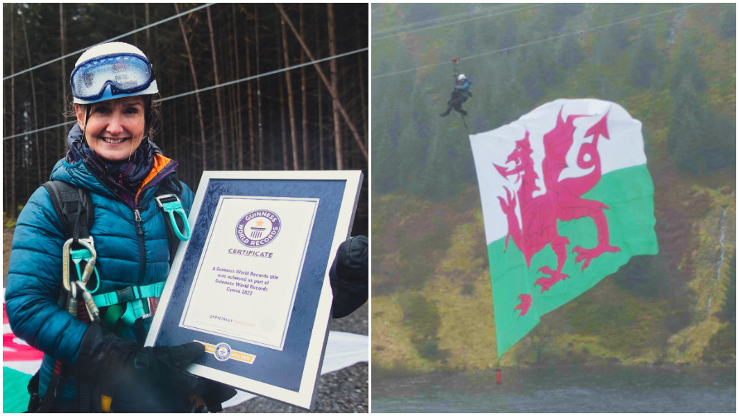 largest flag unfurled on zip wire split image lowri with certificate and action shot