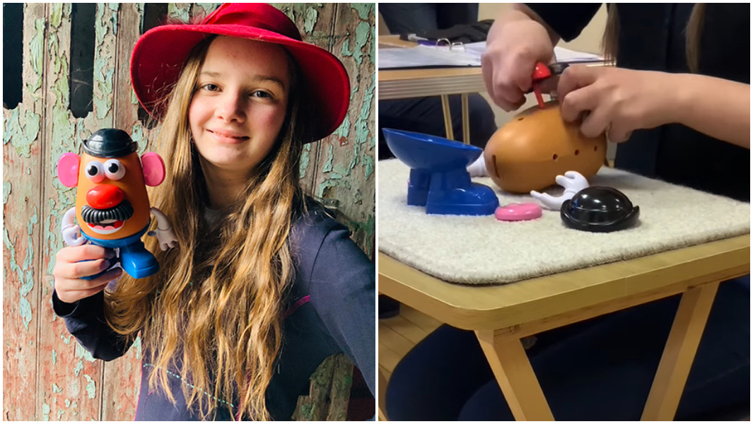 Matilda and Mr Potato Head split image