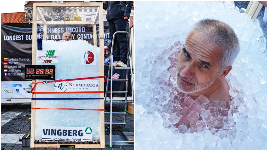 split image of longest duration in full body contact with ice