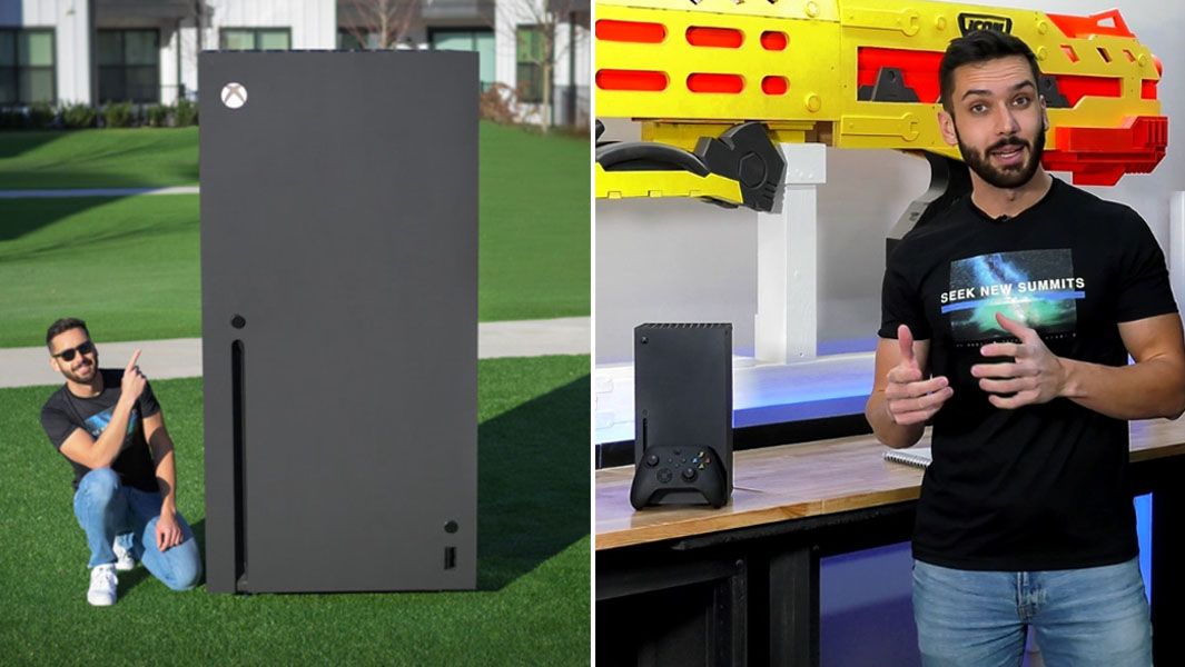 split-image-of-michael-pick-posing-by-the-largest-xbox-console-and-standing-by-a-standard-xbox-series-x-console.jpg
