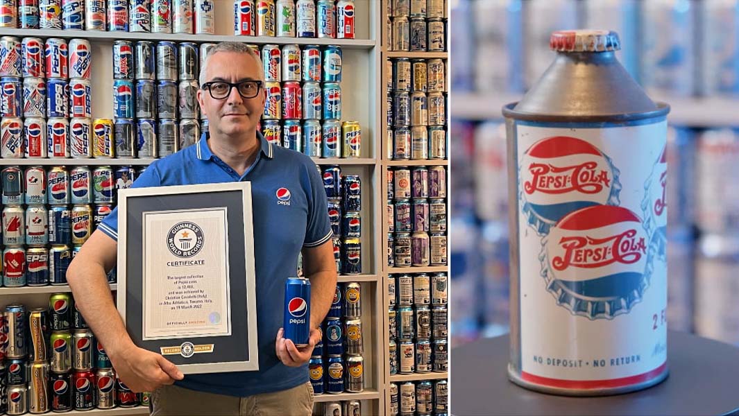 largest collection of pepsi cans record holder holding certificate and close up of oldest can in collection