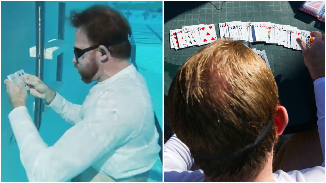 record holder underwater memorising cards and then at a table sorting new deck
