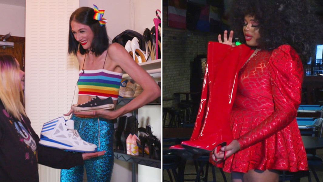 Savvy and wife comparing shoes and drag queen mamma dukes showing off red boots