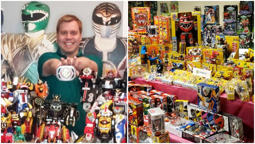 split image Michael Nilsen largest Power Rangers collection
