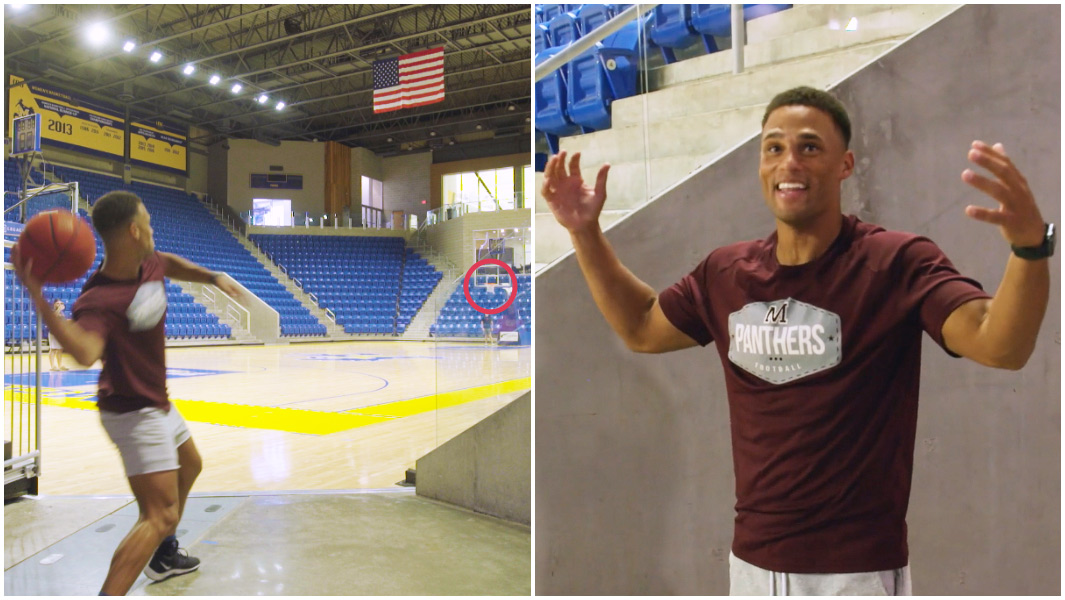 farthest basketball throw split image during throw and celebration shot