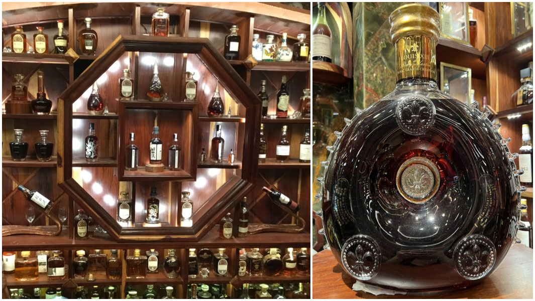 split image of a wall of rare whisky and cognac and a 9 litre Louis XIII cognac bottle
