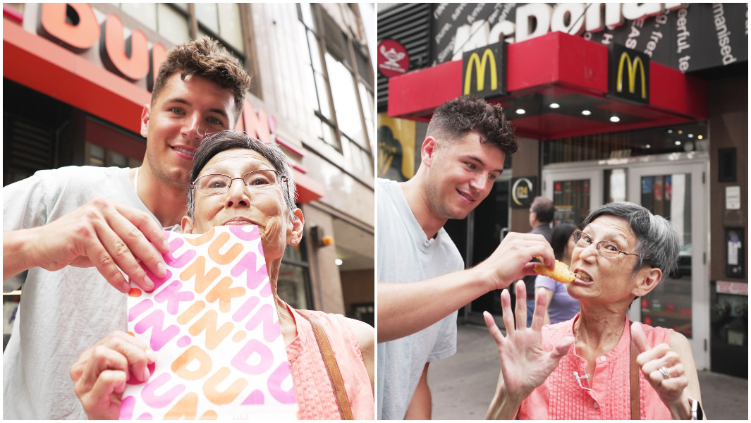 split image of nick and lynja outside dunkin doughnuts and mcdonalds