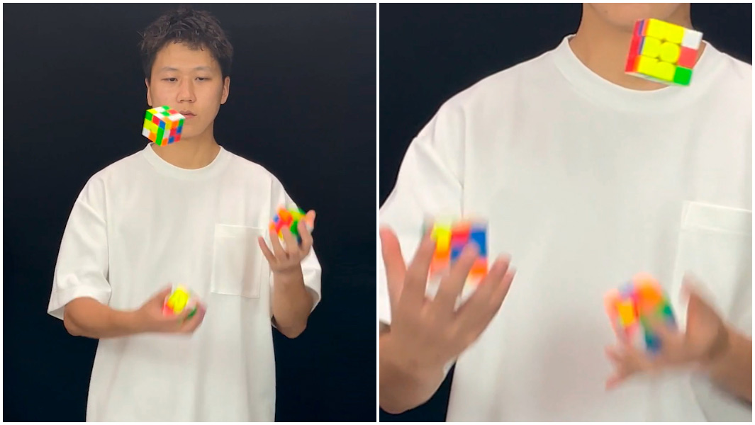 split image of rotating puzzle cubes being solved while juggling