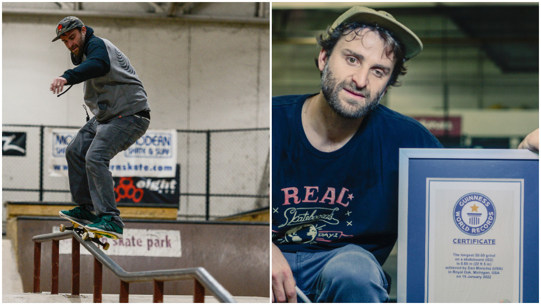 split image of Dan Mancina grinding on a rail and of Mancina holding his Guinness World Records certificate