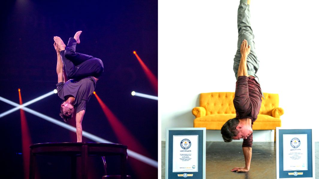 Split Image Longest duration to perform a single arm handstand male