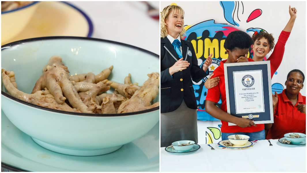 Split image of chicken feet and Vuyo holding her Guinness World Records certificate