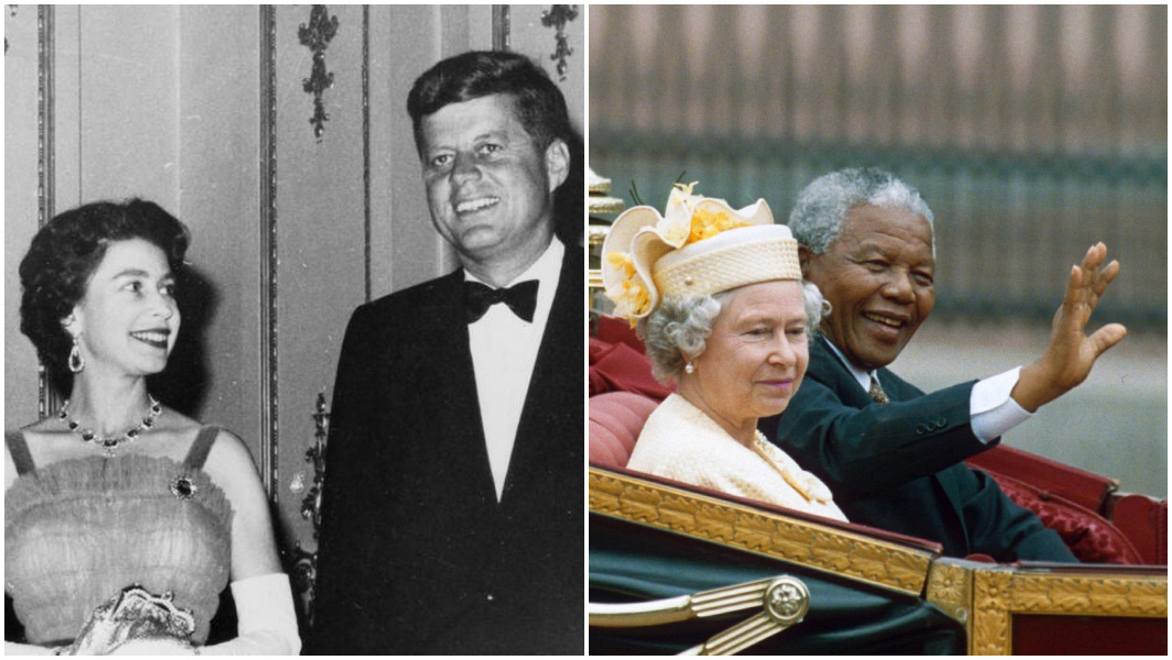 Split image of the Queen and JFK and the Queen riding with Nelson Mandela