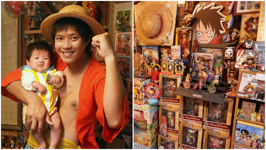 split image of Lam Siu Fung and his One Piece collection