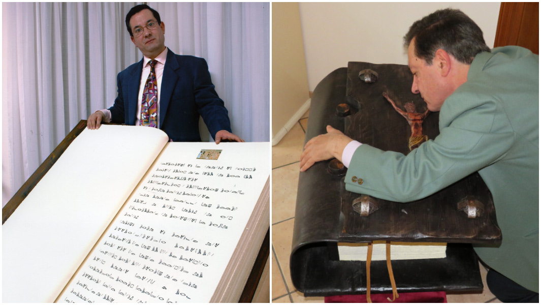 Split image of Michele Santelia with two different books