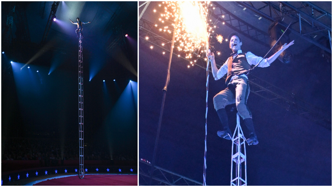 split image of Wesley Williams riding the worlds tallest unicycle