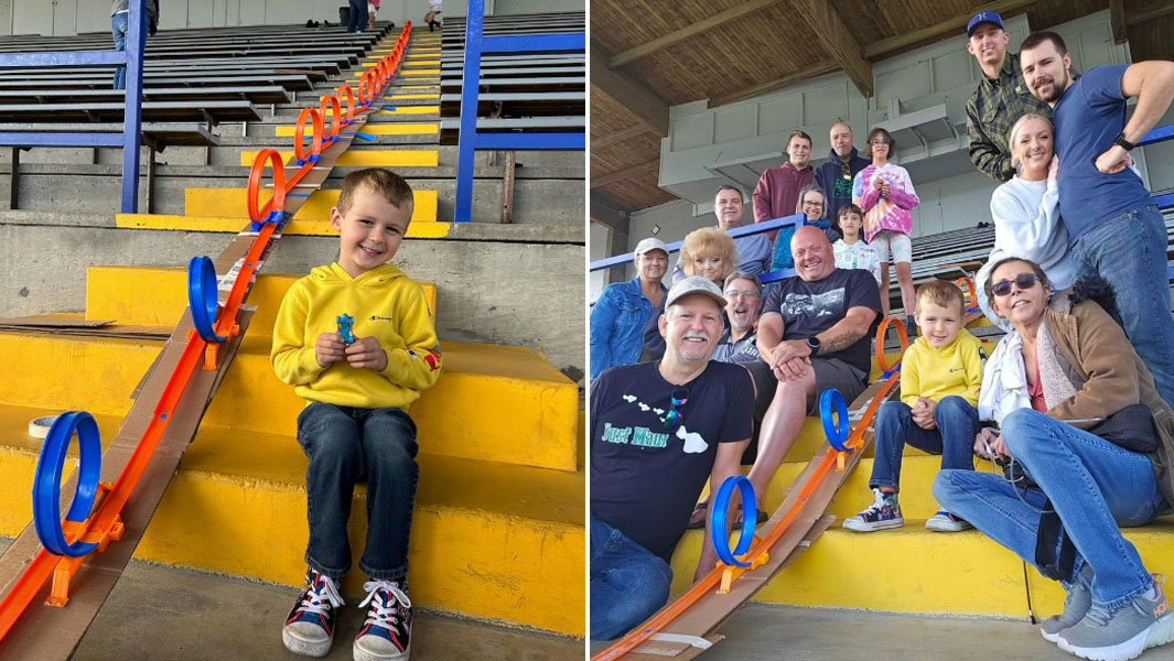 split image gavin and gavin with friends and family attempting record